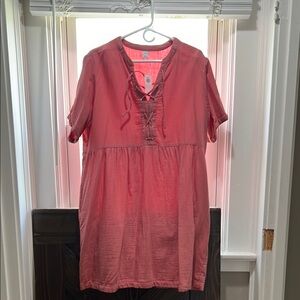 Coral Short Sleeve Dress with Lace-Up Front